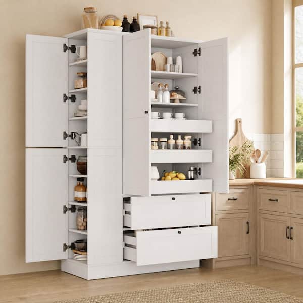 73.6 in. White 6-Doors Storage Cabinet Kitchen Pantry with Side Cabinets, Drawers, Pull-Out Trays