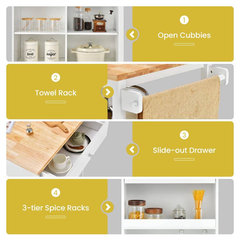 White Kitchen Cart with Rubber Wood Countertop and Storage Shelves