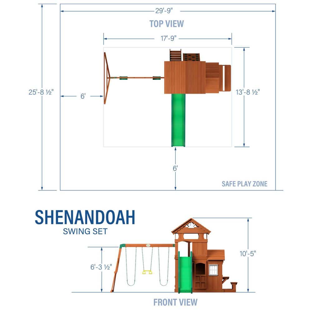 Shenandoah Cedar Wood Swing Set with Green Slide and Playhouse