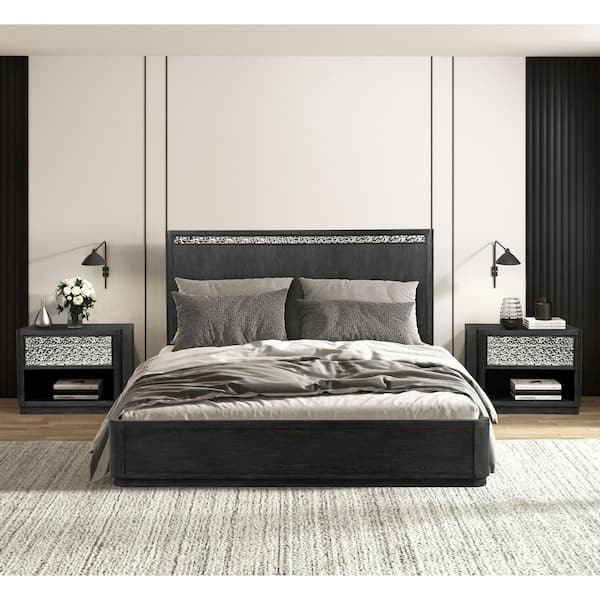 Furniture of America Hairin 3-Piece Ash Gray Wood Frame Queen Platform Bedroom Set with 1-Drawer Nightstand and Dented Metal Accent Panels
