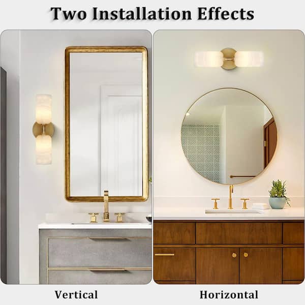 14 in. 2-Light Dimmable LED Brass Wall Sconce with Alabaster Shade, Wall Light for Bathroom, Living Room,Foyer (1 Piece)