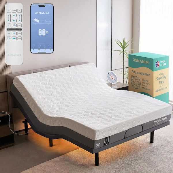 Gray King Adjustable Bed Frame USB, APP, Dual Massage, Head/Foot Incline, Under Bed Light with 12 in. Hybrid Mattress