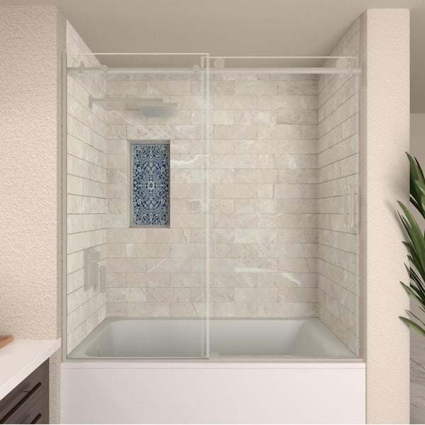 tydex Noir 60 in. W x 60 in. H Sliding Semi Frameless Tub Door in Brushed Nickel Finish with Clear Glass