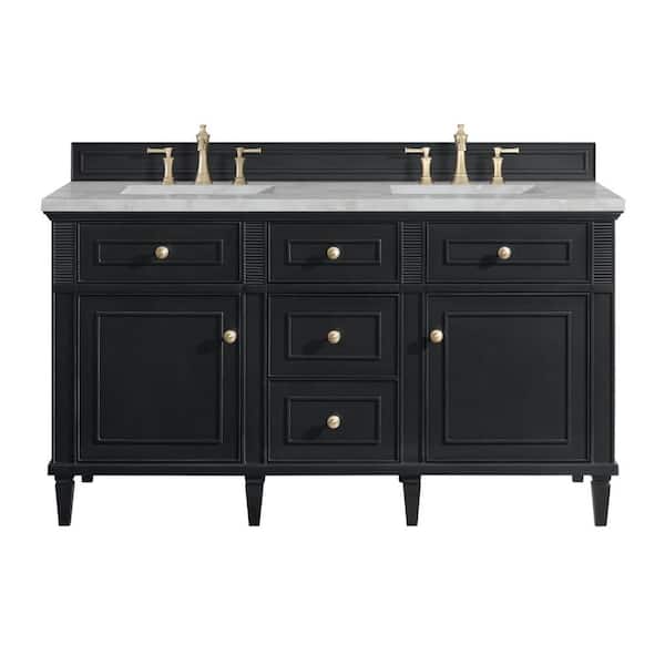 James Martin Vanities Lorelai 60.0 in. W. x 23.5 in. D x 34.06 in. H Double Bathroom Vanity in Black Onyx with Victorian Silver Quartz Top