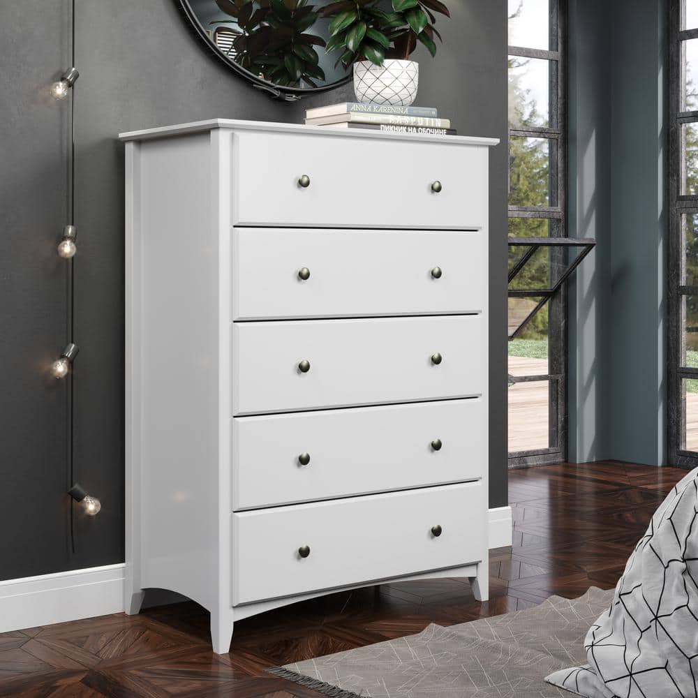 White Solid Pine 5-Drawer Shaker Style Bedroom Chest
