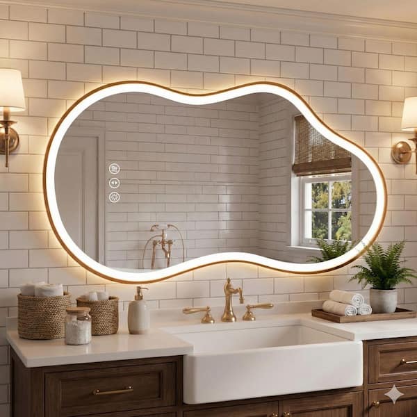 24 in. W x 36 in. H Irregular Gold Framed Anti-Fog 3-Colors Dimmable LED Light Wall Bathroom Vanity Mirror with Memory
