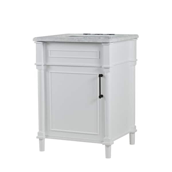 Bellaterra Home 24 in. W x 36 in. H x 22 in. D Single Bathroom Vanity in White with White Marble Top with White Basin and Black Hardware