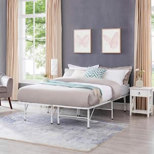 White Heavy-Duty Metal Bed Frame 14" Full Platform Bed with Foldable Design, Steel Slats, and Mattress Foundation