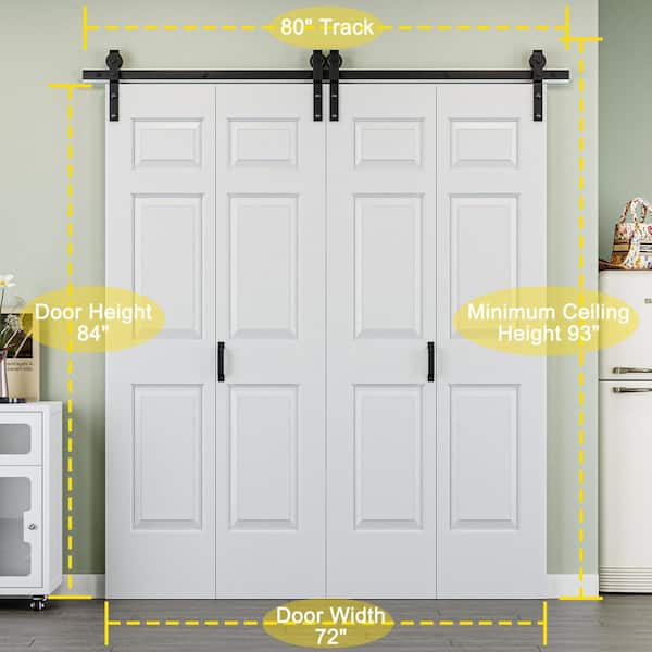 72 in. x 84 in. Paneled 6-Lite White Primed MDF Composite Bi-fold Sliding Barn Door with Hardware Kit and Handle