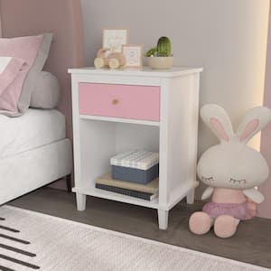 Tatahance Pink-White Wooden 1-Drawer Nightstand with Open Shelf 