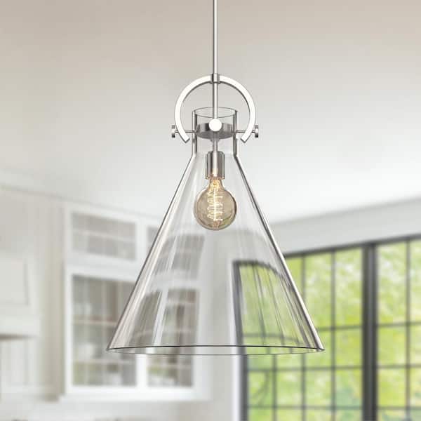 18 in. 1-Light Modern Cone Brushed Nickel Pendant Light with Clear Glass Shade for Kitchen Island