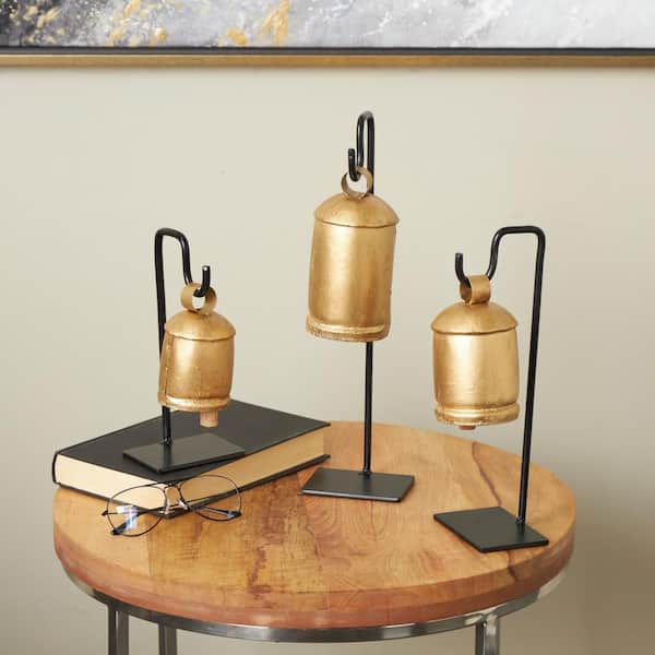 Litton Lane Gold 4 in. x 9 in. Bell Metal Sculpture with Black Stand and Brown Wooden Clapper (Set of 3)