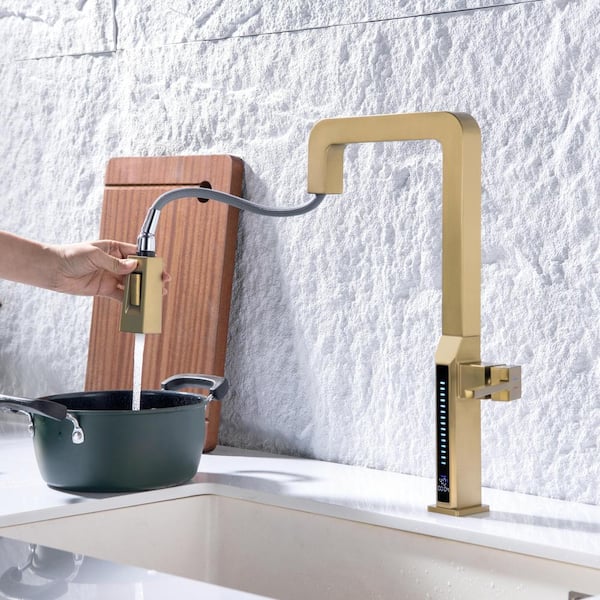 Single Handle 17 in. H Pull Down Sprayer Kitchen Faucet with Digital Display in Brushed Gold