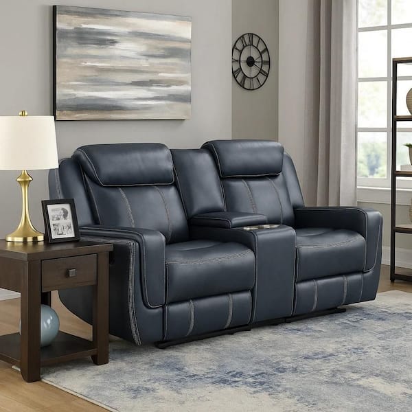 Benjara 75.5 in. Flared Arm Faux Leather Rectangle Recliner Loveseat Sofa in Blue
