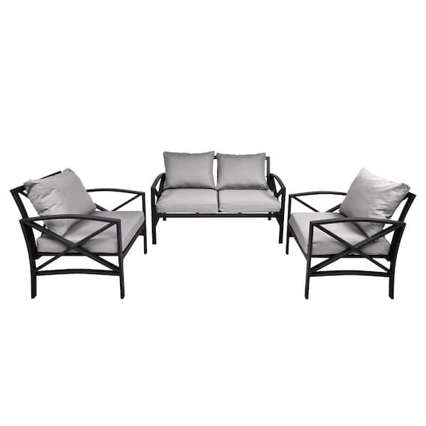 TIRAMISUBEST Black Frame 3-Piece Metal Patio Conversation Seating Set with Gray Cushions