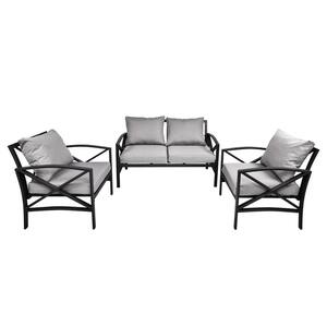 Black Frame 3-Piece Metal Patio Conversation Seating Set with Gray Cushions