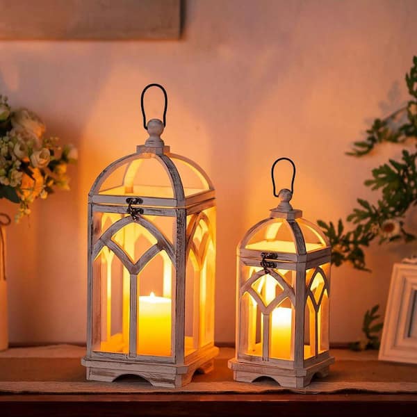 ライト・ランタン WWW_WOODHANGER 16 in. x 6.8 in. Washedwhite Wood Rustic Lantern without Candle