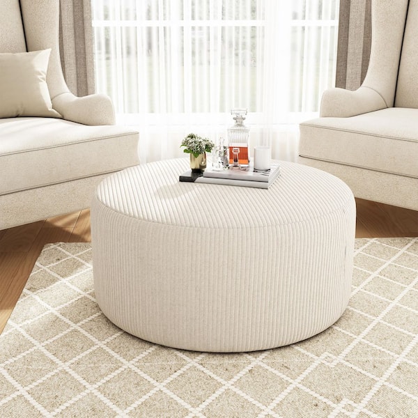 Beige Soft Corduroy Fabric Modern Round Accent 30 in. Ottoman
