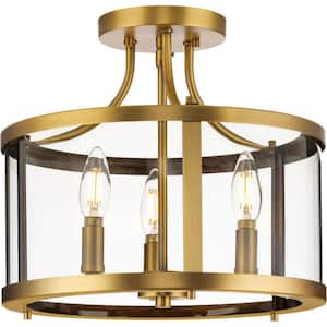Gilliam 13 in. 3-Light Vintage Brass Semi-Flush Mount with Clear Glass Shade