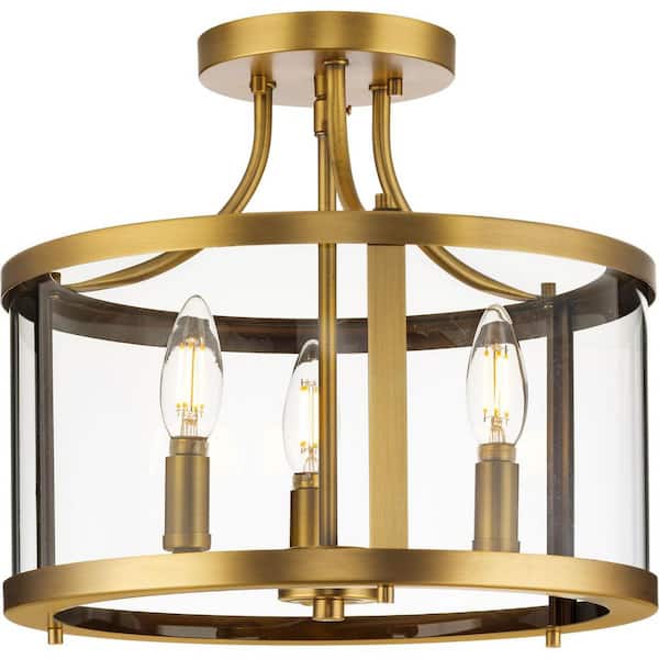 Progress Lighting Gilliam 13 in. 3-Light Vintage Brass Semi-Flush Mount with Clear Glass Shade