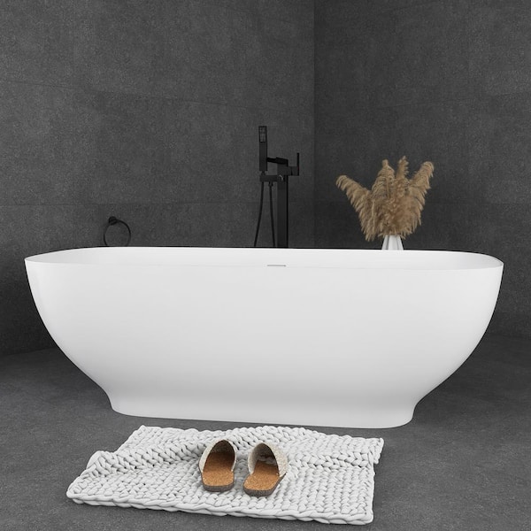 63 in. x 30 in. Handcrafted Stone Resin Freestanding Soaking Bathtub with Overflow in Matte White