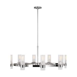 Geneva 42 in. W x 14.875 in. H 8-Light Polished Nickel Mid-Century Indoor Dimmable Large Chandelier with Clear Glass