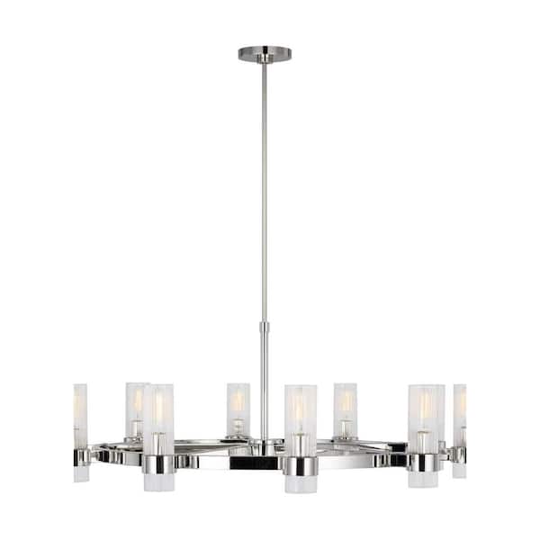 Generation Lighting Geneva 42 in. W x 14.875 in. H 8-Light Polished Nickel Mid-Century Indoor Dimmable Large Chandelier with Clear Glass
