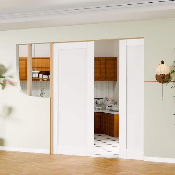 48 in. x 80 in. White Primed 1-Panel Core Solid Wood Core Pocket Door with Soft Close, Frame and Hardware