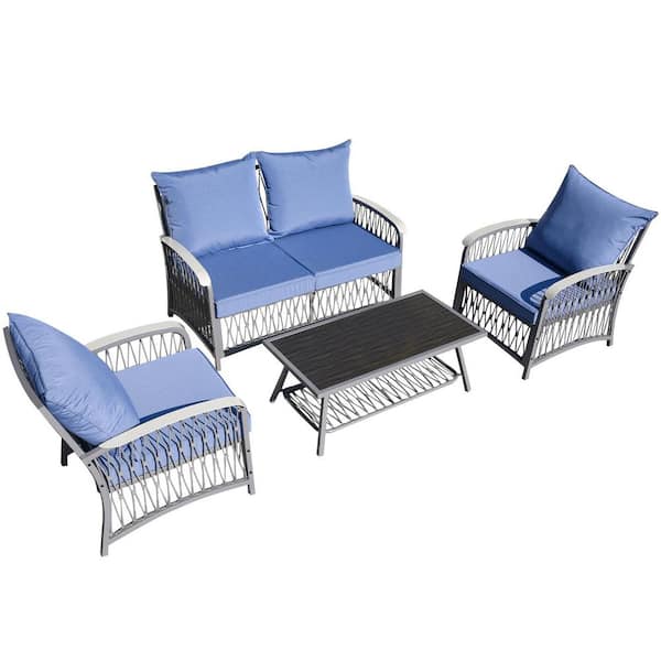 JUJABU 4-Piece Outdoor Patio Blue and Gray Metal  Conversation Sectional Sofa Seating Set with Table and Thick Cushions