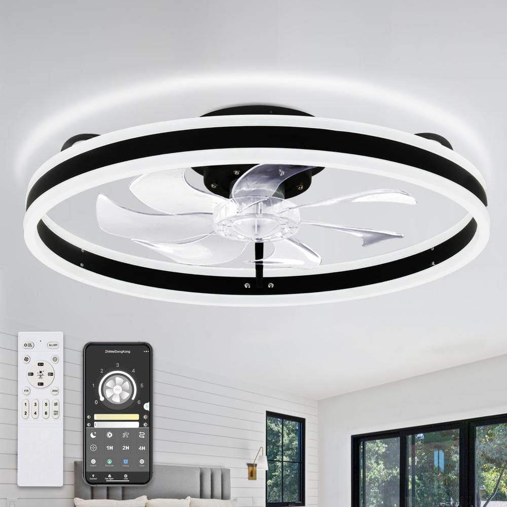 20 in. Modern Indoor Low Profile Black Reversible Ceiling Fan with Dimmable LED Light and Remote Flush Mount Lighting -  Bella Depot, DC2002