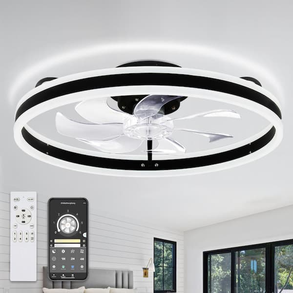 Bella Depot 20 in. Modern Indoor Low Profile Black Reversible Ceiling Fan with Dimmable LED Light and Remote Flush Mount Lighting