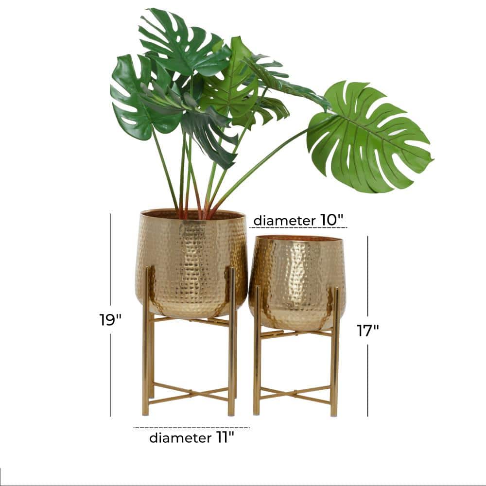 Contemporary Gold Metal Indoor Planter with X-Shaped Stand, 17" Height