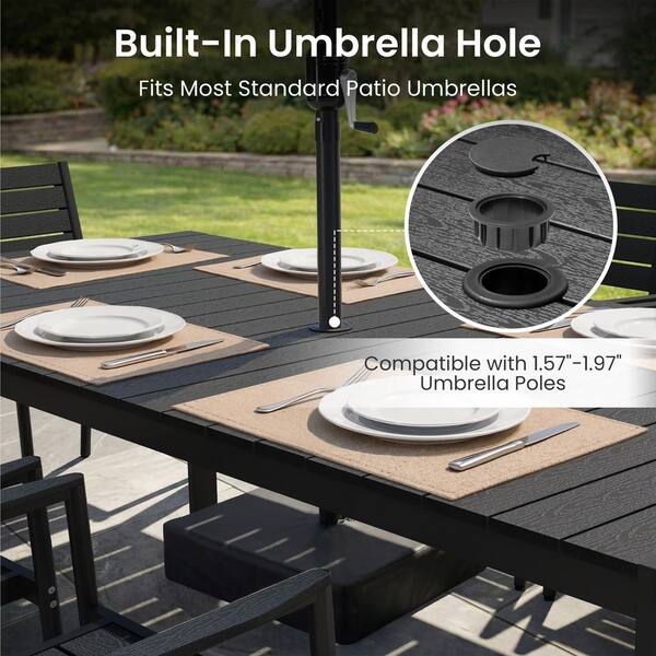 composite patio table with umbrella hole Sundale Outdoor Dining for 6, Metal Outdoor Dining Table 2" Hole, 60" Rectangular Outdoor Tables for Backyard, Yawn, Garden : Patio, Lawn & Garden Set includes one dining table and 2 armchairs and 8 armless chairs Made from aluminum frame and WPC board tabletop 1.61 in umbrella hole to accommodate an umbrella for providing shade X Umbrella Hole Patio Tables for