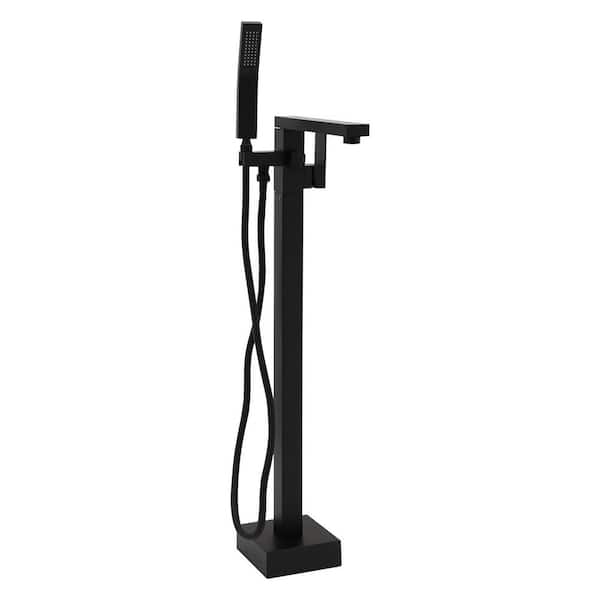 Single-Handle Rectangle Freestanding Tub Faucet with Hand Shower in Matte Black Stainless Steel
