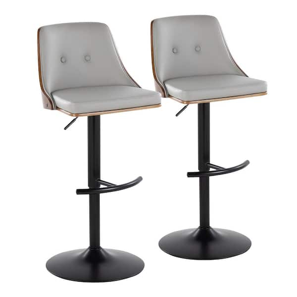 Lumisource Gianna 32.75 in. Light Grey Faux Leather, Walnut Wood and Black Metal Adjustable Bar Stool (Set of 2)