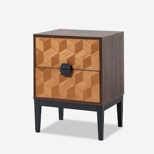 Pulang Modern Walnut 2-Drawer 25 in. Tall Nightstand with Charging Station and Adjustable Legs
