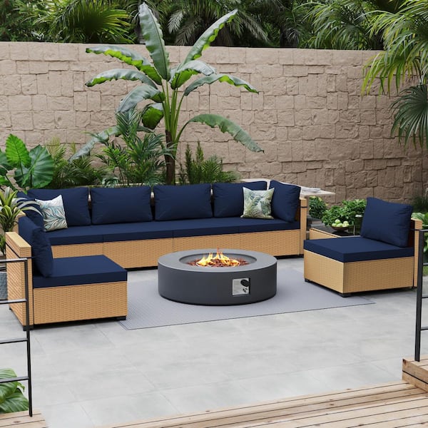8-Piece Wicker Patio Conversation Set with Cushions and 42 in. Outdoor Round Fire Pit Table, Navy Blue Cushions