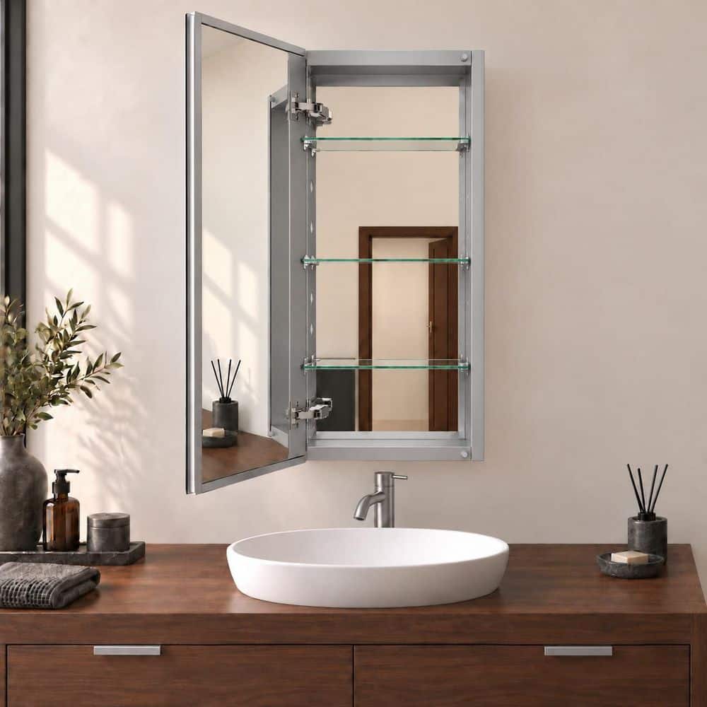 新品ピーチウッド無垢材・クロームメッキ15インチ380mmMOMOピッチ70mm TaiMei 15 in. x 36 in. Frameless Recessed or Surface-Mount Beveled