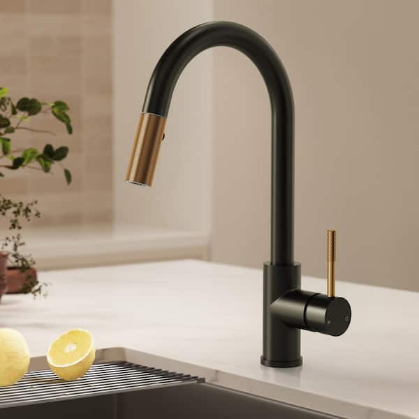 Single-Handle Pull-Down Sprayer Kitchen Faucet with Spout Swivel 15.7 in. H 360° Spout Swivel in Matte Black and Gold
