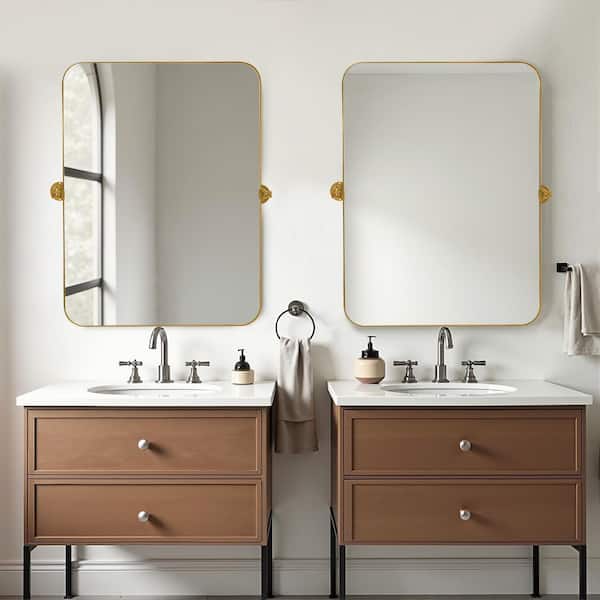 1-Piece Gold 23 in. W x 31 in. H Round Corner Rectangular Hardware Iron Framed Wall Mirror