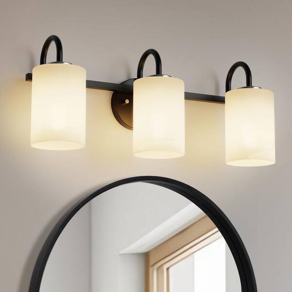 YANSUN 24 in. 3-Light Black Vanity Light with White Cylinder Glass Shades for Bathroom, Mirror, Living Room