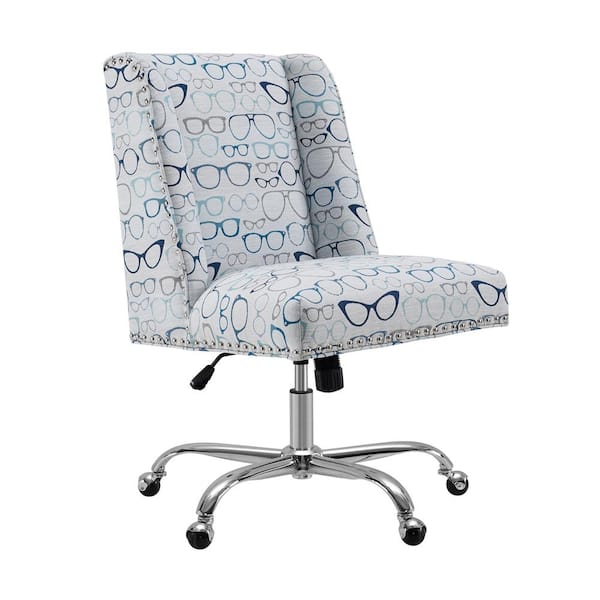 Linon Home Decor Alex Glasses Print Fabric Adjustable Height Swivel Office Desk Task Chair in Blue with Wheels