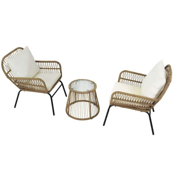 Afoxsos Natural 3-Piece Wicker Patio Conversation Chair Set with Beige Cushion and Round Tempered Glass Table