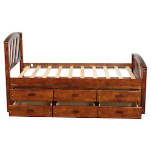 Orisfur. Walnut Brown Wood Frame Full Platform Bed Twin Size Storage Solid Wood Bed with 6-Drawers