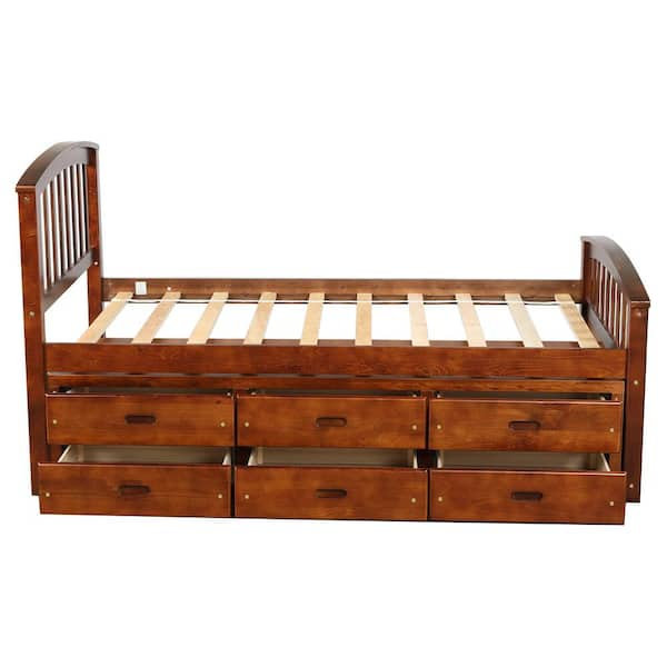 Orisfur. Walnut Brown Wood Frame Full Platform Bed Twin Size Storage ...