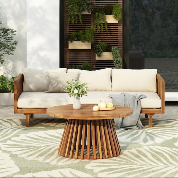 2-Piece Teak Brown Acacia Wood Patio Conversation Set with Beige Cushions