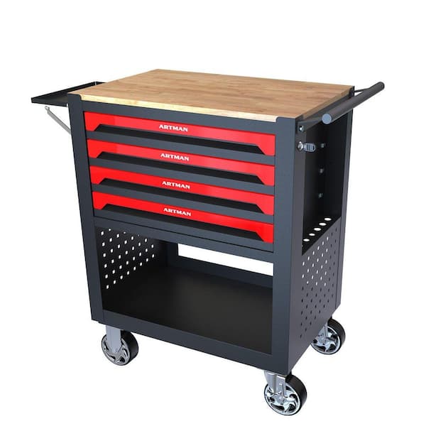 17.9 in. W 4 Drawer Rolling Tool Cabinet with Lock, 4 Wheels Tool Carts with Workbench, Push Rod, Tray and Shelf