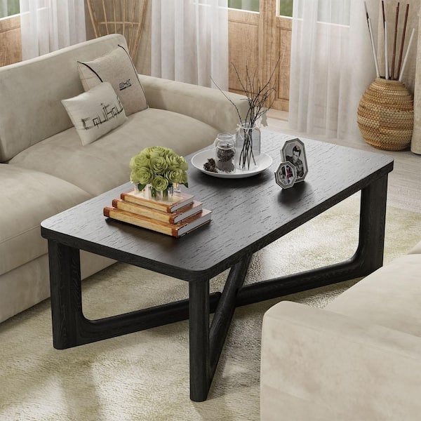 Lirago 50 in. Black Rectangle Solid Wood Coffee Table with Round Corners HD TJS186