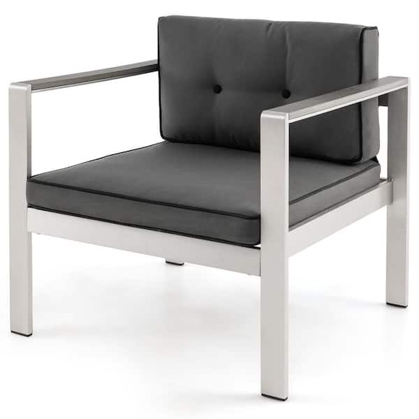 Gymax Patio Aluminum Outdoor Armchair Contemporary Sofa Chair with WPC Armrests with Gray Cushion