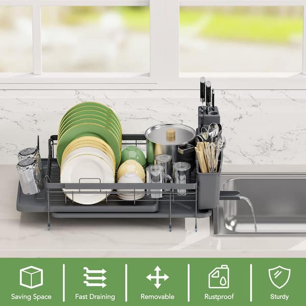 Adjustable Dish Drying Rack, Stainless Steel Expandable Dish Rack with Swivel Spout & Removable Utensil Holder,Dark Gray